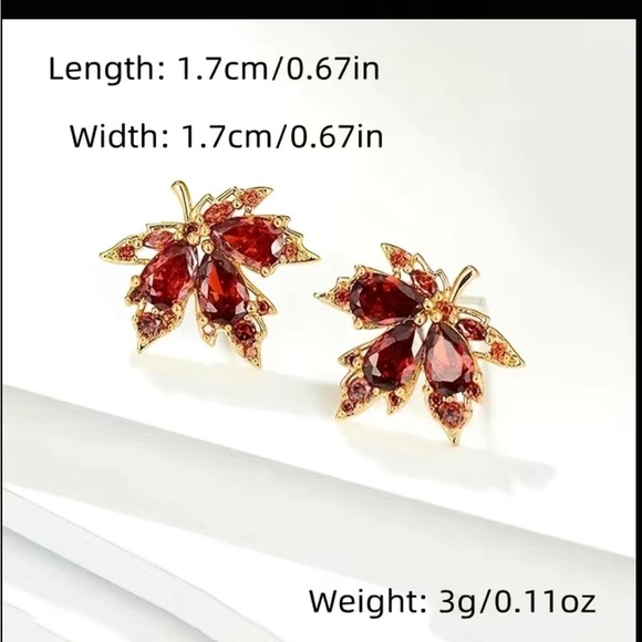 24K Gold Plated Maple Leaf Design Stud Earrings with Red Zircon Accents - Picture 3 of 8